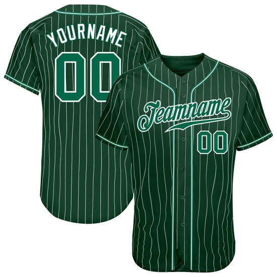 Benutzerdefiniertes grün-weißes Nadelstreifen-Baseballtrikot in Kelly-Grün-Weiß Benutzerdefiniertes grün-weißes Nadelstreifen-Baseballtrikot in Kelly-Grün-Weiß