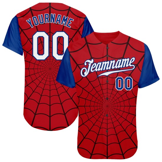 Benutzerdefinierte rot weiß-königsblau 3D Muster Design Spinnennetz authentische Baseball Jersey Benutzerdefinierte rot weiß-königsblau 3D Muster Design Spinnennetz authentische Baseball Jersey