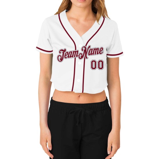 Beschnittenes Baseballtrikot für Damen mit V-Ausschnitt, Weiß, Karminrot und Grau Beschnittenes Baseballtrikot für Damen mit V-Ausschnitt, Weiß, Karminrot und Grau