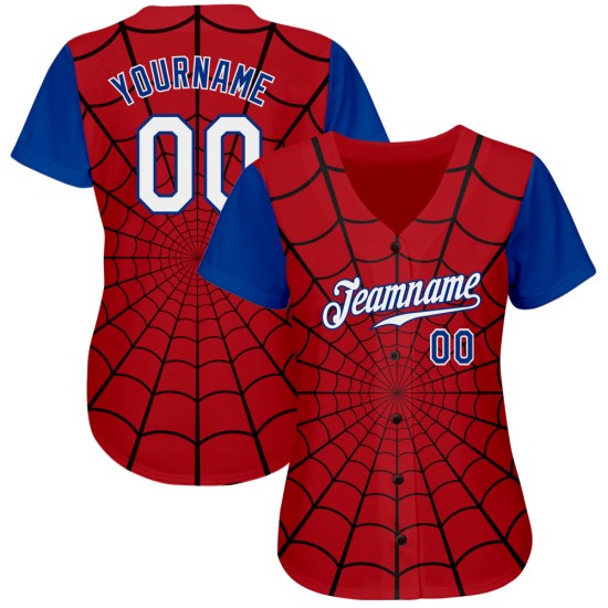 Benutzerdefinierte rot weiß-königsblau 3D Muster Design Spinnennetz authentische Baseball Jersey Benutzerdefinierte rot weiß-königsblau 3D Muster Design Spinnennetz authentische Baseball Jersey