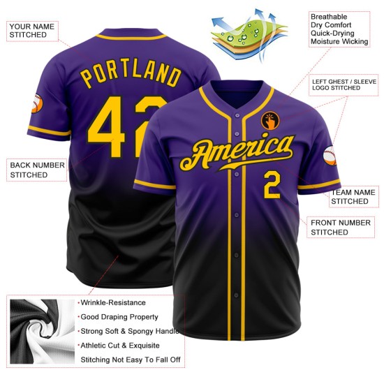 Authentic Fashion Custom Lila Jersey Gold-Schwarz Baseball Fade Authentic Fashion Custom Lila Jersey Gold-Schwarz Baseball Fade