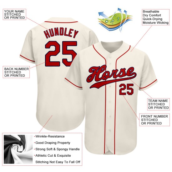 Benutzerdefiniertes authentisches Baseball-Trikot in Creme-Rot-Marineblau Benutzerdefiniertes authentisches Baseball-Trikot in Creme-Rot-Marineblau