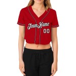 Baseball V-Ausschnitt Rot Custom Damen Cropped Weiß-Schwarz Jersey Baseball V-Ausschnitt Rot Custom Damen Cropped Weiß-Schwarz Jersey