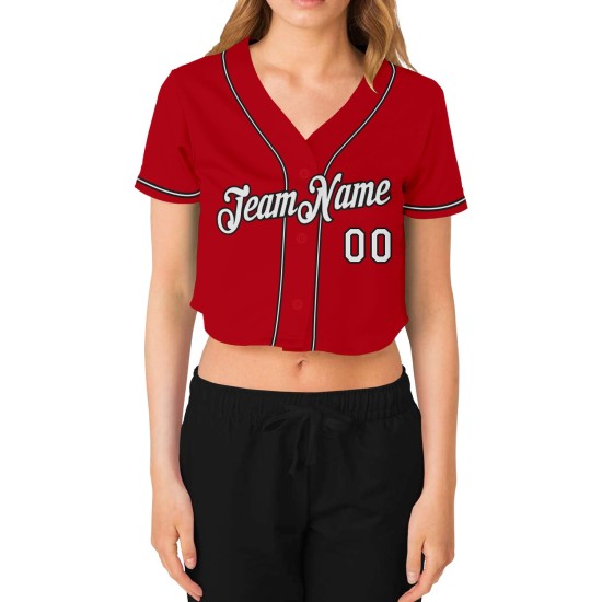 Baseball V-Ausschnitt Rot Custom Damen Cropped Weiß-Schwarz Jersey Baseball V-Ausschnitt Rot Custom Damen Cropped Weiß-Schwarz Jersey