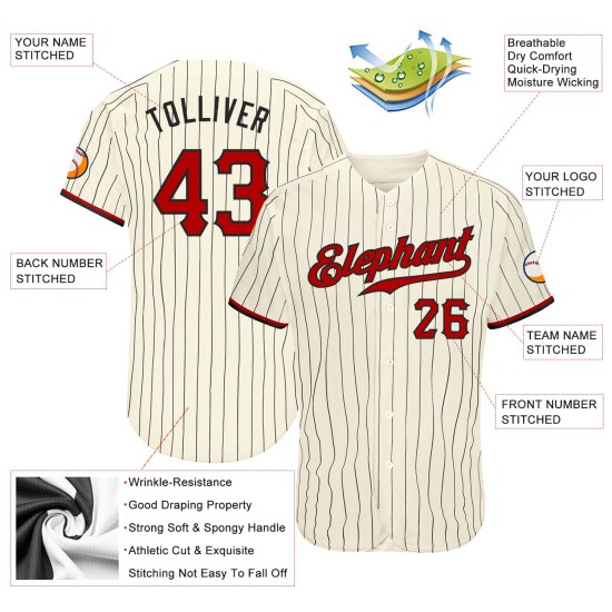 Benutzerdefinierte Creme Schwarz Nadelstreifen Rot-Schwarz Authentic Baseball Jersey Benutzerdefinierte Creme Schwarz Nadelstreifen Rot-Schwarz Authentic Baseball Jersey