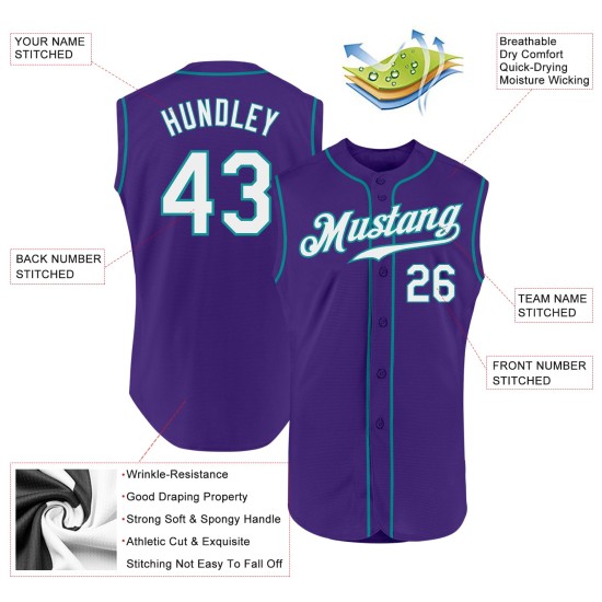 Weiß-Blaugrün Authentic Custom Jersey Baseball Lila Ärmellos Weiß-Blaugrün Authentic Custom Jersey Baseball Lila Ärmellos