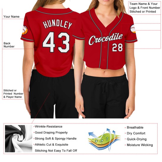 Baseball V-Ausschnitt Rot Custom Damen Cropped Weiß-Schwarz Jersey Baseball V-Ausschnitt Rot Custom Damen Cropped Weiß-Schwarz Jersey
