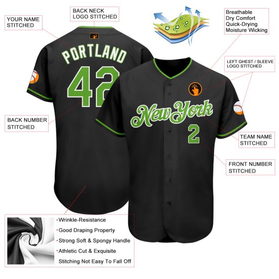 Benutzerdefiniertes authentisches Baseball-Trikot in Schwarz-Neongrün-Weiß Benutzerdefiniertes authentisches Baseball-Trikot in Schwarz-Neongrün-Weiß