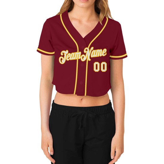 Jersey Weiß-Gold Cropped Damen Custom Crimson Baseball V-Ausschnitt Jersey Weiß-Gold Cropped Damen Custom Crimson Baseball V-Ausschnitt