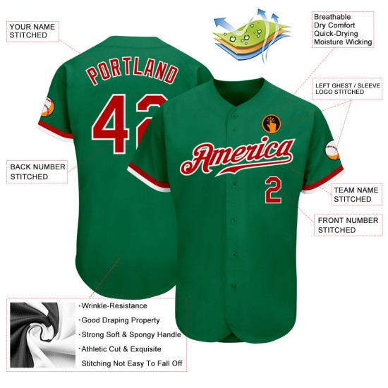 Rot-Weißes Baseballtrikot Grün Authentic Kelly Custom Rot-Weißes Baseballtrikot Grün Authentic Kelly Custom