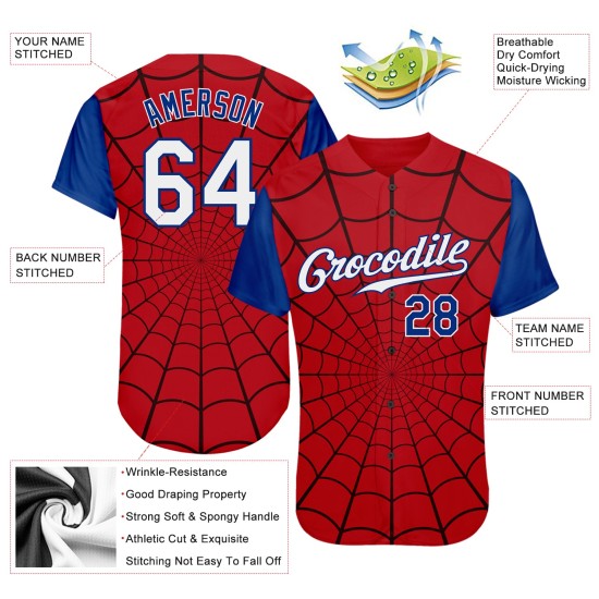 Benutzerdefinierte rot weiß-königsblau 3D Muster Design Spinnennetz authentische Baseball Jersey Benutzerdefinierte rot weiß-königsblau 3D Muster Design Spinnennetz authentische Baseball Jersey