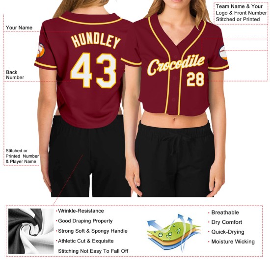 Jersey Weiß-Gold Cropped Damen Custom Crimson Baseball V-Ausschnitt Jersey Weiß-Gold Cropped Damen Custom Crimson Baseball V-Ausschnitt