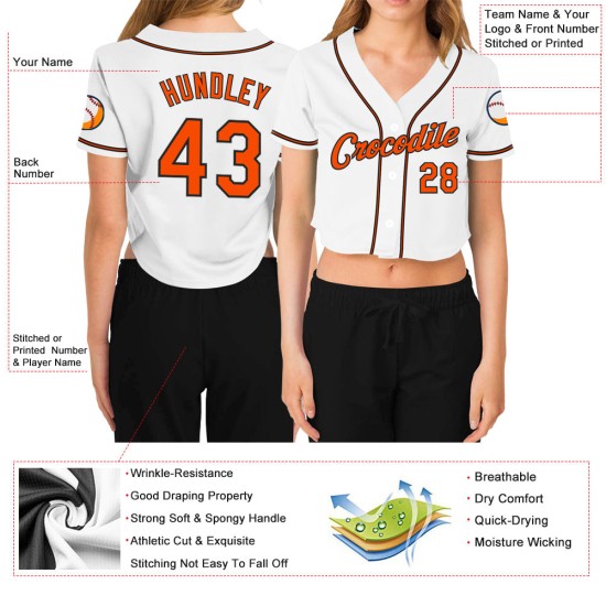 Beschnittenes Baseball Custom Damen Weiß Jersey Orange-Schwarz V-Ausschnitt Beschnittenes Baseball Custom Damen Weiß Jersey Orange-Schwarz V-Ausschnitt