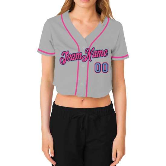 Leichte Damen Schwarz-Rosa Blau Grau Baseball Cropped Jersey Custom V-Ausschnitt Leichte Damen Schwarz-Rosa Blau Grau Baseball Cropped Jersey Custom V-Ausschnitt