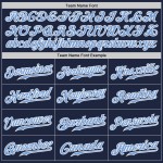 Benutzerdefiniertes authentisches Baseball-Trikot mit Nadelstreifen in Marineblau und Weiß, Hellblau-Weiß Benutzerdefiniertes authentisches Baseball-Trikot mit Nadelstreifen in Marineblau und Weiß, Hellblau-Weiß