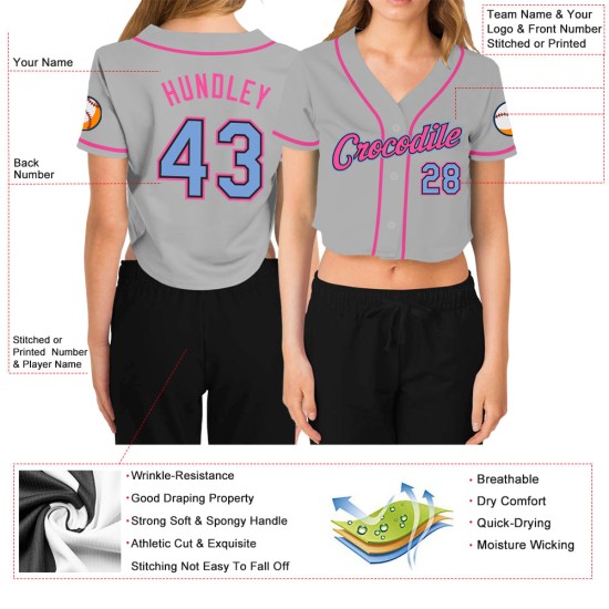 Leichte Damen Schwarz-Rosa Blau Grau Baseball Cropped Jersey Custom V-Ausschnitt Leichte Damen Schwarz-Rosa Blau Grau Baseball Cropped Jersey Custom V-Ausschnitt