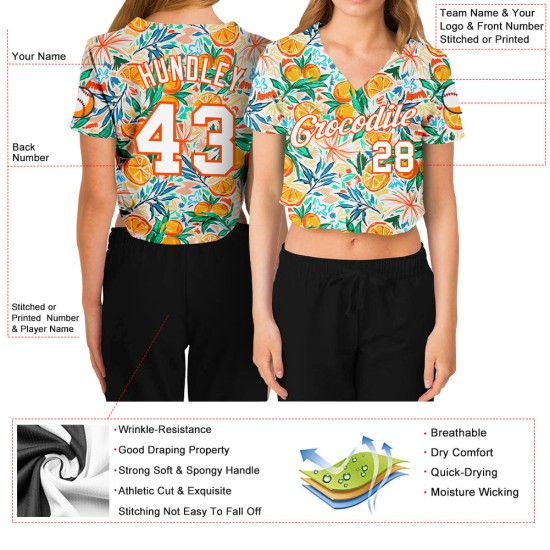 Baseball Jersey Cropped Fruits Weiß Custom Damen V-Ausschnitt 3D Weiß-Orange Baseball Jersey Cropped Fruits Weiß Custom Damen V-Ausschnitt 3D Weiß-Orange