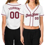 Beschnittenes Baseballtrikot für Damen mit V-Ausschnitt, Weiß, Karminrot und Grau Beschnittenes Baseballtrikot für Damen mit V-Ausschnitt, Weiß, Karminrot und Grau