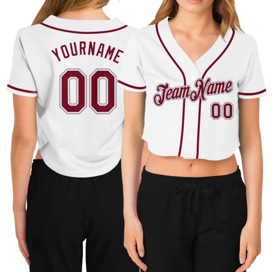 Beschnittenes Baseballtrikot für Damen mit V-Ausschnitt, Weiß, Karminrot und Grau Beschnittenes Baseballtrikot für Damen mit V-Ausschnitt, Weiß, Karminrot und Grau