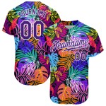 Benutzerdefiniertes weißes lila-weißes 3D-Musterdesign Hawaii-Palmen authentisches Baseball-Trikot Benutzerdefiniertes weißes lila-weißes 3D-Musterdesign Hawaii-Palmen authentisches Baseball-Trikot