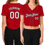 Baseball V-Ausschnitt Rot Custom Damen Cropped Weiß-Schwarz Jersey Baseball V-Ausschnitt Rot Custom Damen Cropped Weiß-Schwarz Jersey