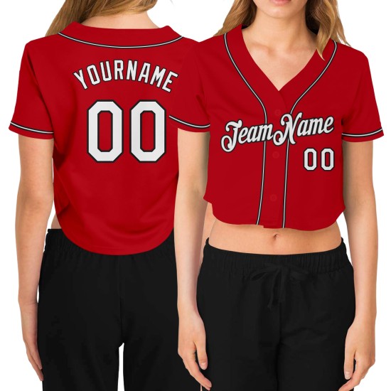 Baseball V-Ausschnitt Rot Custom Damen Cropped Weiß-Schwarz Jersey Baseball V-Ausschnitt Rot Custom Damen Cropped Weiß-Schwarz Jersey