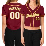 Jersey Weiß-Gold Cropped Damen Custom Crimson Baseball V-Ausschnitt Jersey Weiß-Gold Cropped Damen Custom Crimson Baseball V-Ausschnitt