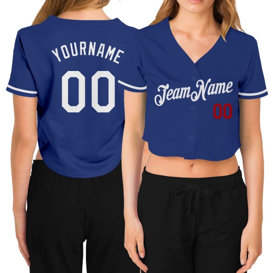 V-Ausschnitt Jersey Baseball Damen Royal Weiß-Rot Cropped Custom V-Ausschnitt Jersey Baseball Damen Royal Weiß-Rot Cropped Custom