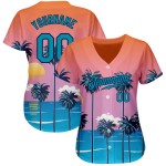 Benutzerdefinierte Orange Teal-Navy 3D Muster Design Sonne Strand Hawaii Palmen Authentische Baseball Jersey Benutzerdefinierte Orange Teal-Navy 3D Muster Design Sonne Strand Hawaii Palmen Authentische Baseball Jersey