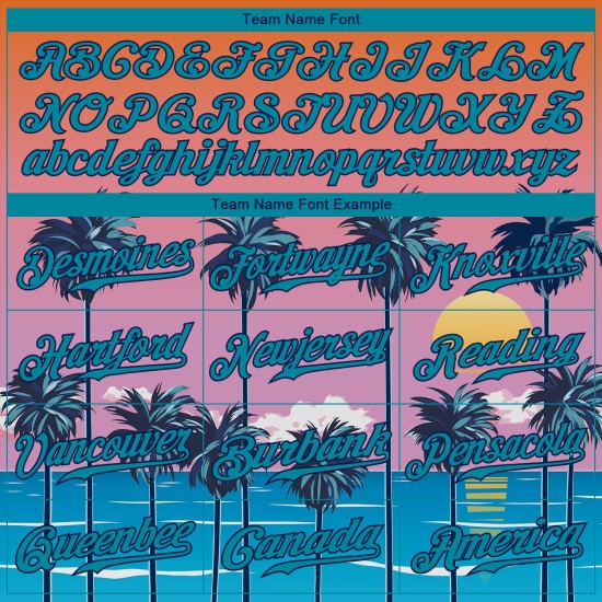 Benutzerdefinierte Orange Teal-Navy 3D Muster Design Sonne Strand Hawaii Palmen Authentische Baseball Jersey Benutzerdefinierte Orange Teal-Navy 3D Muster Design Sonne Strand Hawaii Palmen Authentische Baseball Jersey
