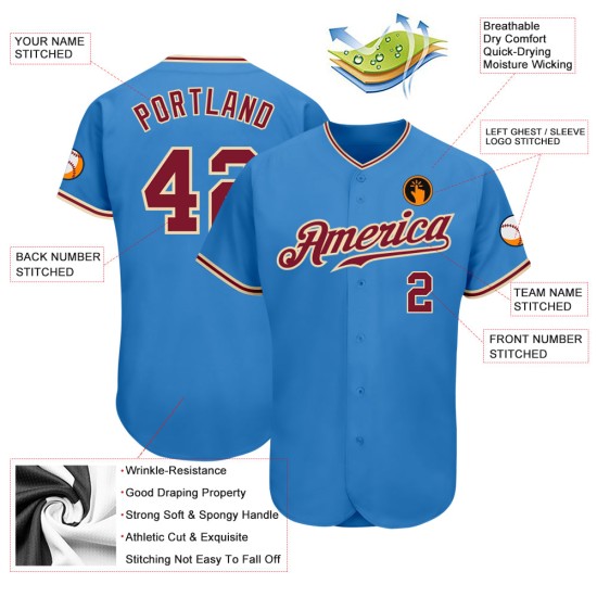 Benutzerdefinierte Creme Crimson-City Jersey Pulver Authentisches Baseball Blau Benutzerdefinierte Creme Crimson-City Jersey Pulver Authentisches Baseball Blau