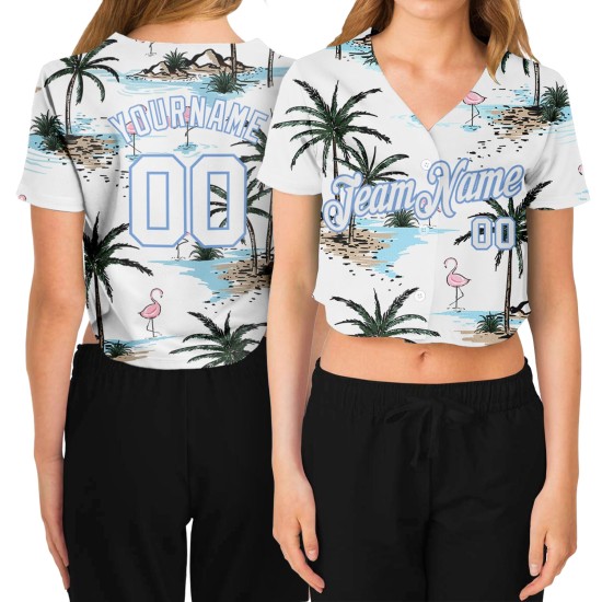 Jersey Weiß-Licht Custom V-Ausschnitt Damen Baseball Blau Cropped Weiß 3D Palm Hawaii Bäume Jersey Weiß-Licht Custom V-Ausschnitt Damen Baseball Blau Cropped Weiß 3D Palm Hawaii Bäume