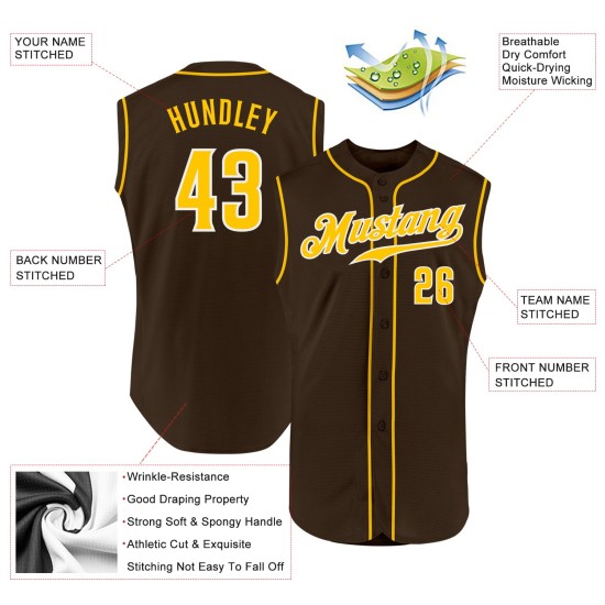 Benutzerdefiniertes ärmelloses Trikot Authentic Braun Gold-Weiß Baseball Benutzerdefiniertes ärmelloses Trikot Authentic Braun Gold-Weiß Baseball