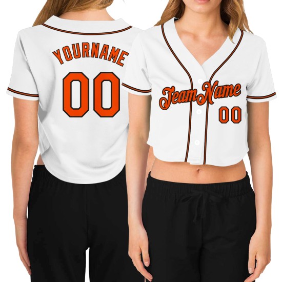 Beschnittenes Baseball Custom Damen Weiß Jersey Orange-Schwarz V-Ausschnitt Beschnittenes Baseball Custom Damen Weiß Jersey Orange-Schwarz V-Ausschnitt