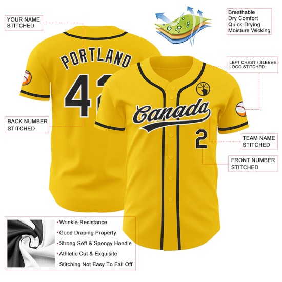 Benutzerdefiniertes authentisches gelb-schwarz-weißes Baseballtrikot Benutzerdefiniertes authentisches gelb-schwarz-weißes Baseballtrikot