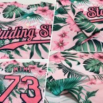 Benutzerdefiniertes weißes, mittelgroßes, rosa-marineblaues 3D-Musterdesign mit Hawaii-Palmblättern und Blumen, authentisches Baseball-Trikot Benutzerdefiniertes weißes, mittelgroßes, rosa-marineblaues 3D-Musterdesign mit Hawaii-Palmblättern und Blumen, authentisches Baseball-Trikot