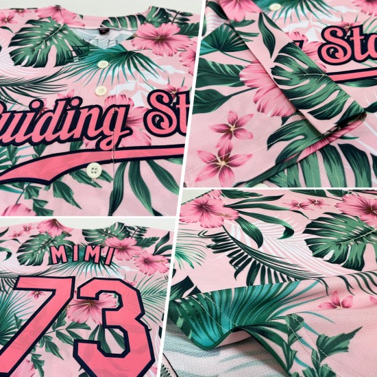 Benutzerdefiniertes weißes, mittelgroßes, rosa-marineblaues 3D-Musterdesign mit Hawaii-Palmblättern und Blumen, authentisches Baseball-Trikot Benutzerdefiniertes weißes, mittelgroßes, rosa-marineblaues 3D-Musterdesign mit Hawaii-Palmblättern und Blumen, authentisches Baseball-Trikot
