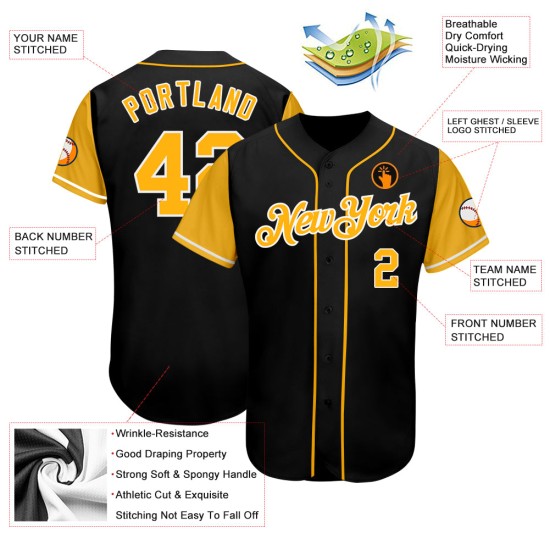 Benutzerdefiniertes authentisches zweifarbiges Baseballtrikot in Schwarz und Gold Benutzerdefiniertes authentisches zweifarbiges Baseballtrikot in Schwarz und Gold