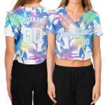 Weißes V-Ausschnitt Cropped 3D Bäume Palm Custom Weiß-Hellblau Hawaii Damen Baseball Jersey Weißes V-Ausschnitt Cropped 3D Bäume Palm Custom Weiß-Hellblau Hawaii Damen Baseball Jersey