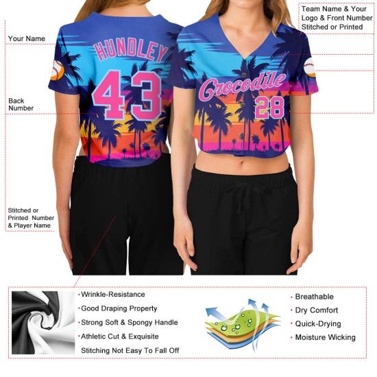 Bäume Custom Royal Hawaii Jersey 3D Damen Pink-Light Cropped V-Ausschnitt Blau Palm Baseball Bäume Custom Royal Hawaii Jersey 3D Damen Pink-Light Cropped V-Ausschnitt Blau Palm Baseball