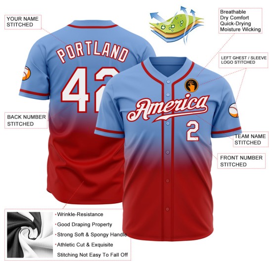 Mode Benutzerdefinierte Weiß-Rot Jersey Fade Light Baseball Blau Mode Benutzerdefinierte Weiß-Rot Jersey Fade Light Baseball Blau