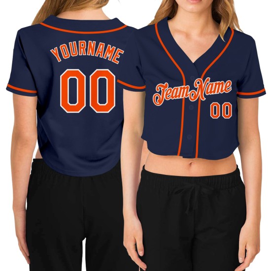 Orange-Weiß Baseball Jersey Custom V-Ausschnitt Cropped Navy Damen Orange-Weiß Baseball Jersey Custom V-Ausschnitt Cropped Navy Damen