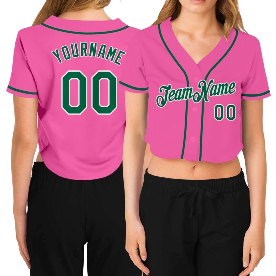 Baseball Damen Trikot V-Ausschnitt Kelly Custom Cropped Grün-Weiß Rosa Baseball Damen Trikot V-Ausschnitt Kelly Custom Cropped Grün-Weiß Rosa