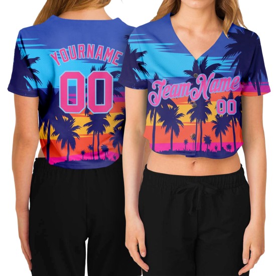 Bäume Custom Royal Hawaii Jersey 3D Damen Pink-Light Cropped V-Ausschnitt Blau Palm Baseball Bäume Custom Royal Hawaii Jersey 3D Damen Pink-Light Cropped V-Ausschnitt Blau Palm Baseball