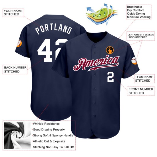 Marineblaues, weiß-kastanienbraunes Baseball-Trikot, authentisch, individuell Marineblaues, weiß-kastanienbraunes Baseball-Trikot, authentisch, individuell