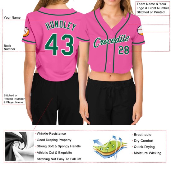 Baseball Damen Trikot V-Ausschnitt Kelly Custom Cropped Grün-Weiß Rosa Baseball Damen Trikot V-Ausschnitt Kelly Custom Cropped Grün-Weiß Rosa