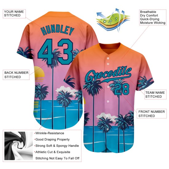 Benutzerdefinierte Orange Teal-Navy 3D Muster Design Sonne Strand Hawaii Palmen Authentische Baseball Jersey Benutzerdefinierte Orange Teal-Navy 3D Muster Design Sonne Strand Hawaii Palmen Authentische Baseball Jersey