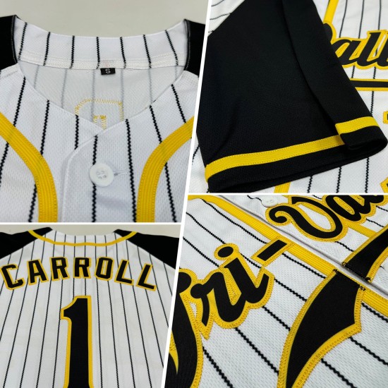 Benutzerdefinierte weiß schwarz Nadelstreifen schwarz-gold authentische Raglan Ärmel Baseball Jersey Benutzerdefinierte weiß schwarz Nadelstreifen schwarz-gold authentische Raglan Ärmel Baseball Jersey