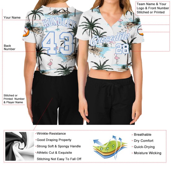 Jersey Weiß-Licht Custom V-Ausschnitt Damen Baseball Blau Cropped Weiß 3D Palm Hawaii Bäume Jersey Weiß-Licht Custom V-Ausschnitt Damen Baseball Blau Cropped Weiß 3D Palm Hawaii Bäume