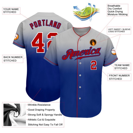 Graues Baseball Authentic Fade Jersey Rot-Royal Fashion Custom Graues Baseball Authentic Fade Jersey Rot-Royal Fashion Custom